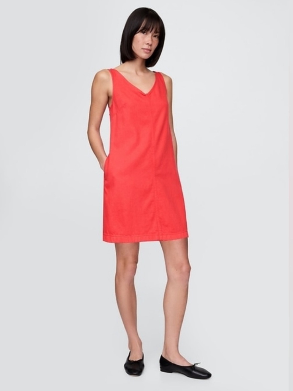 GAP Ultrasoft Denim V-Neck Shift Dress Coral Red L Tall